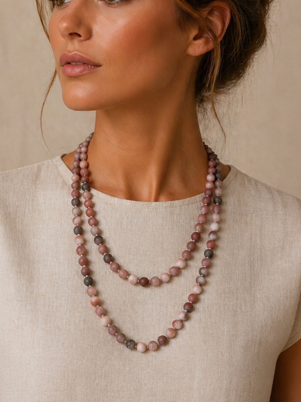 Vintage Rose & Charcoal Beaded Necklace • Double Strand Earthy Minimalist